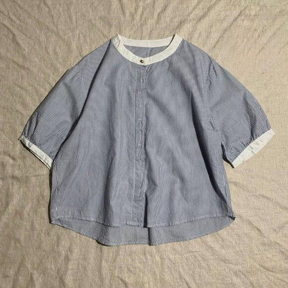 Tops - Blue White Stripe Short Sleeve Blouse